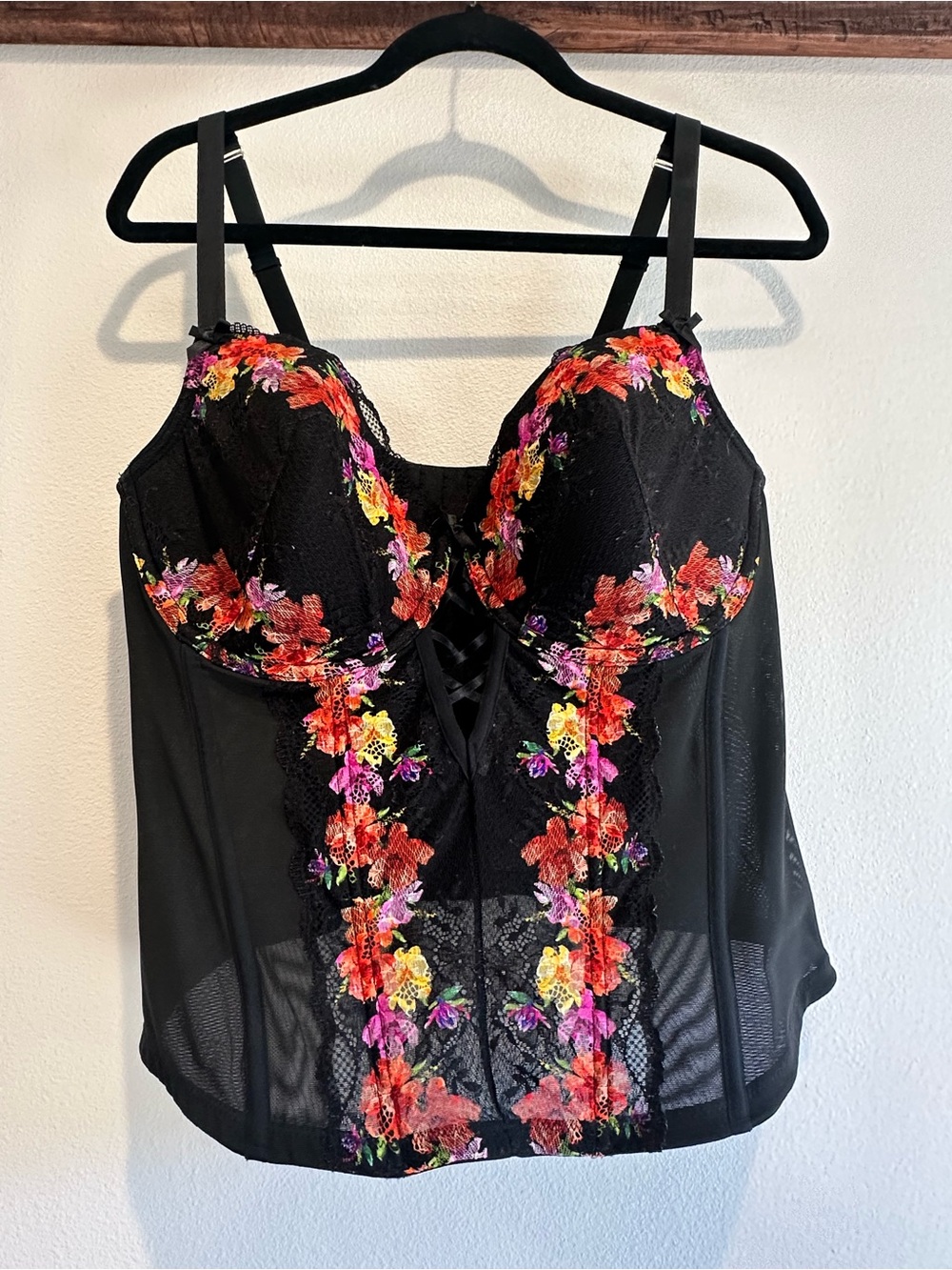 Cacique Black Corset with Multicolor Floral Embroidery